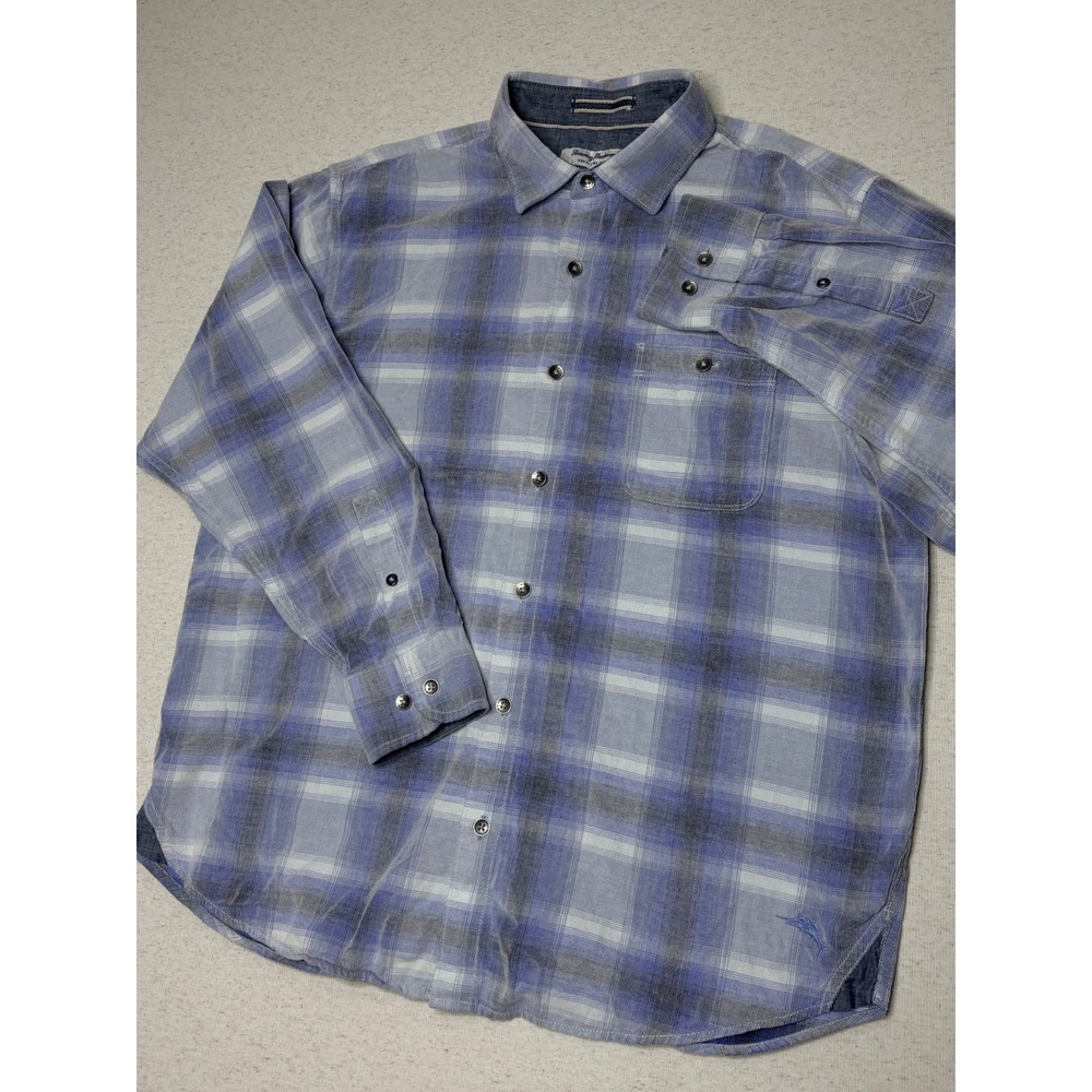 Tommy Bahama Coastline Cord Shirt Mens Large Blue Grey Plaid Cotton Corduroy L/S - Picture 2 of 10